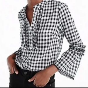 J. CREW size 8 BLACK WHITE GINGHAM PLAID BELL SLEEVE BLOUSE TOP cotton
